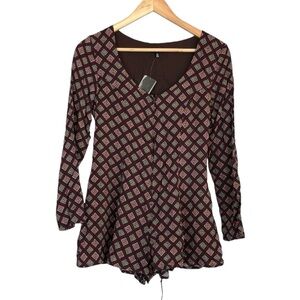 Lucca New Women’s XS Long Sleeve Boho Print Romper Lined Geometric‎ Tie Waist